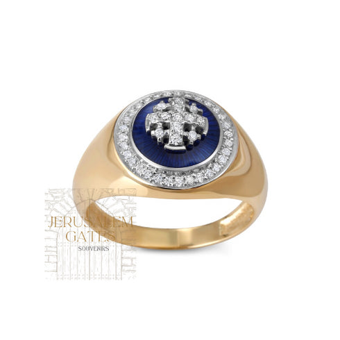 14K Gold With Diamond & Enamel Jerusalem Cross Men’s Ring